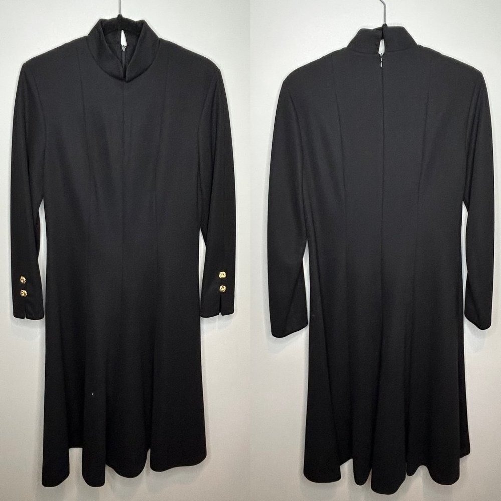 Vintage Black‎ Mock Neck Long Sleeve A-Line Midi Dress with Gold Button Detail